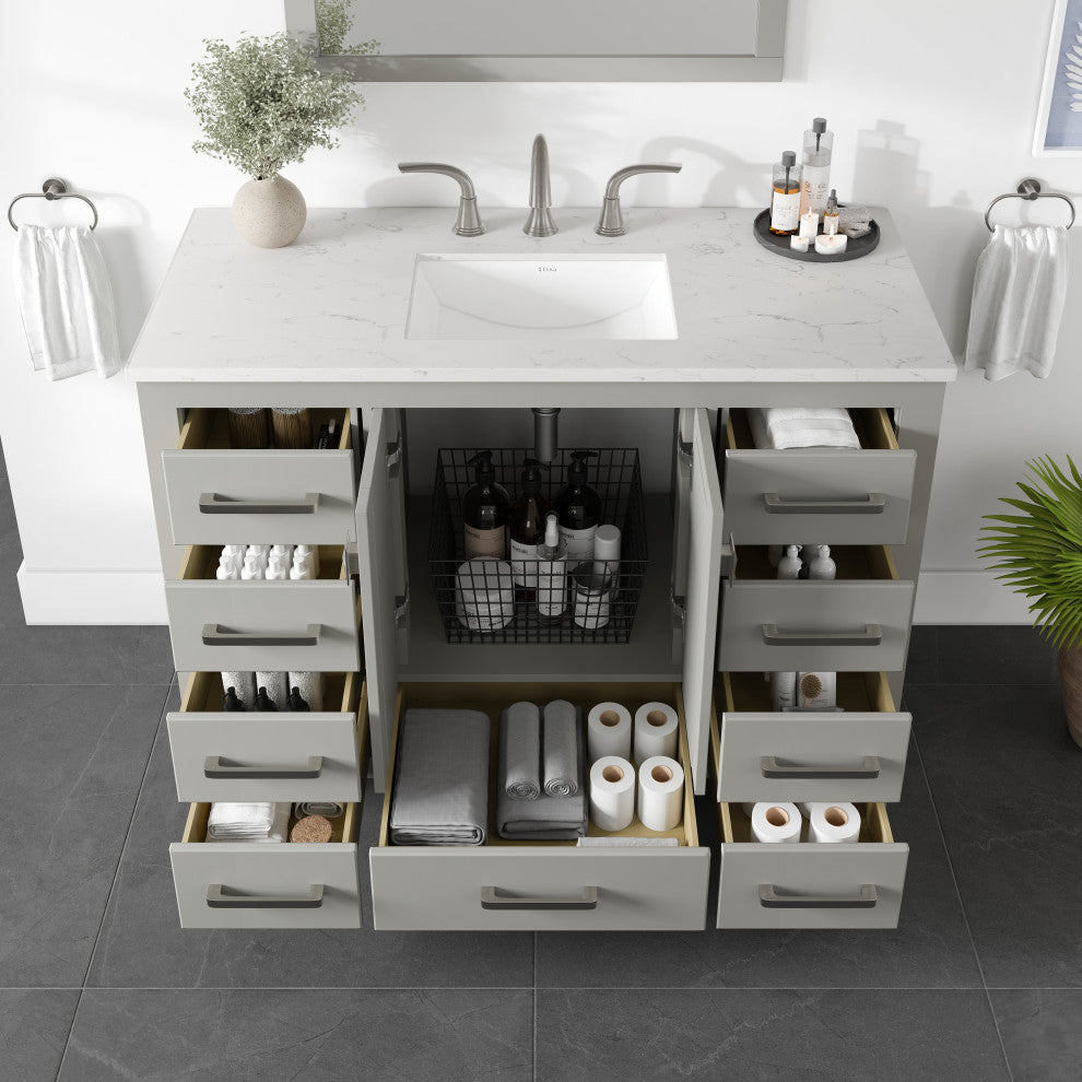 Eviva Aberdeen 42" Transitional Bathroom Vanity With White Carrara Quartz Top, Gray