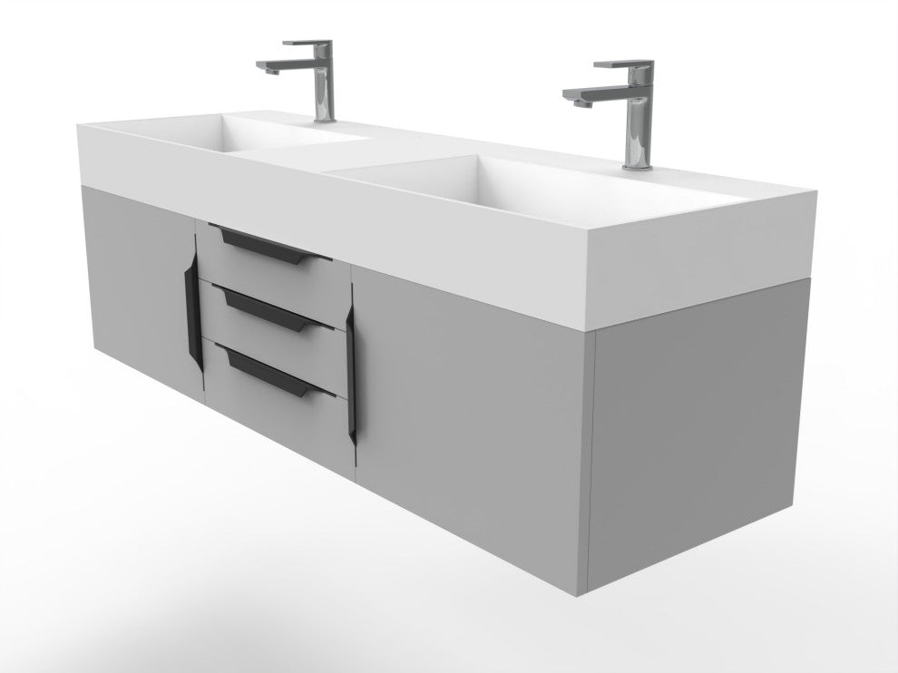 CastelloUSA Amazon 60" Wall Mounted Bathroom Vanity Set, Gray, White Top, Black Handles