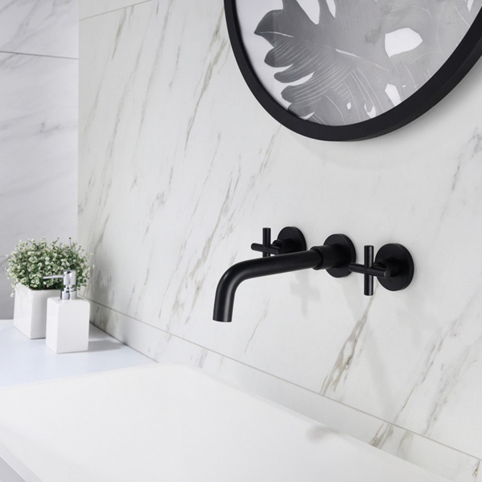 Two Handle Wall Mount Bathroom Sink Faucet with Rough-in Valve, Matte Black