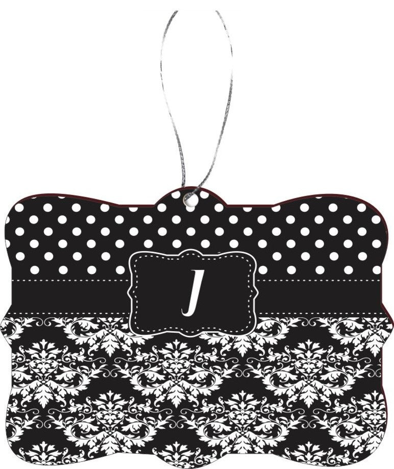 Letter J Black & White Damask Dots Design Rectangle Christmas Tree Ornament