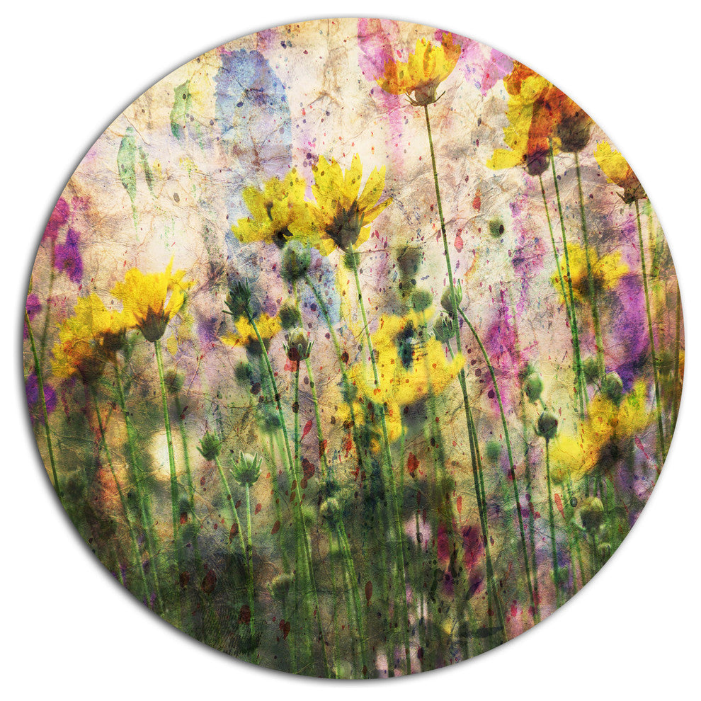 Coreopsis Flowers And Paint Splashes, Flower Round Wall Art, 11"