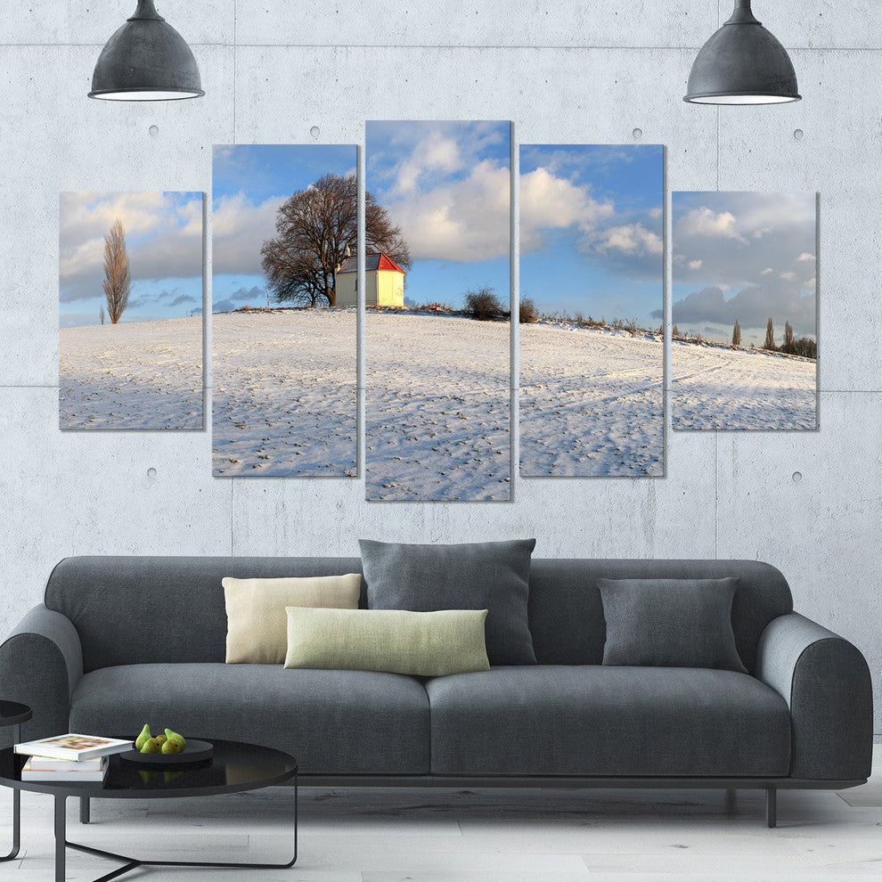 Winter Landscape with Chapel, Landscape Canvas Art Print, 60"x32", 5 Panels