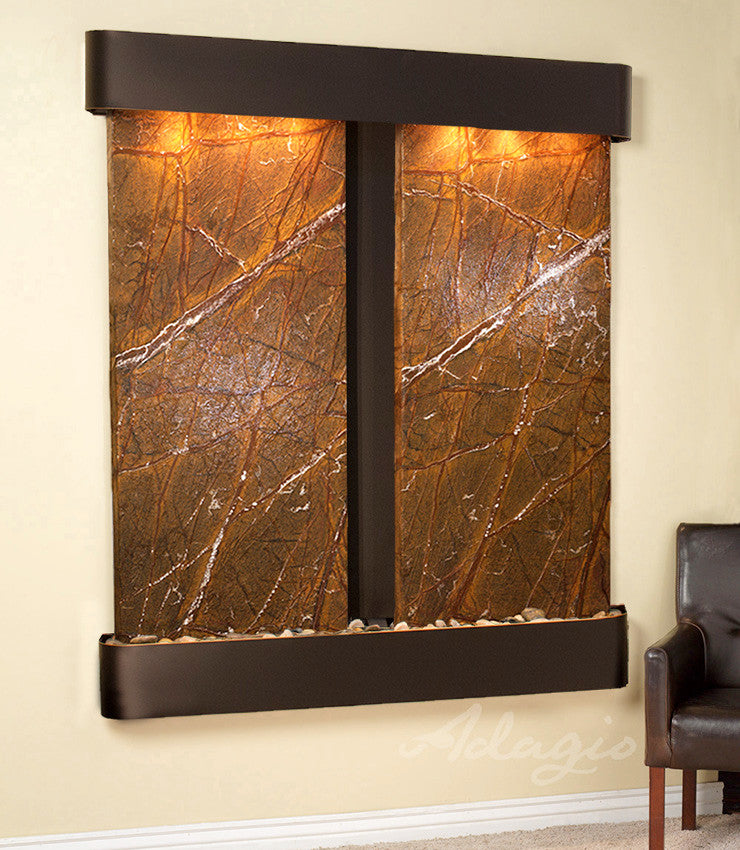 Cottonwood Falls Water Fountain, Brown Marble, Blackened Copper, Round