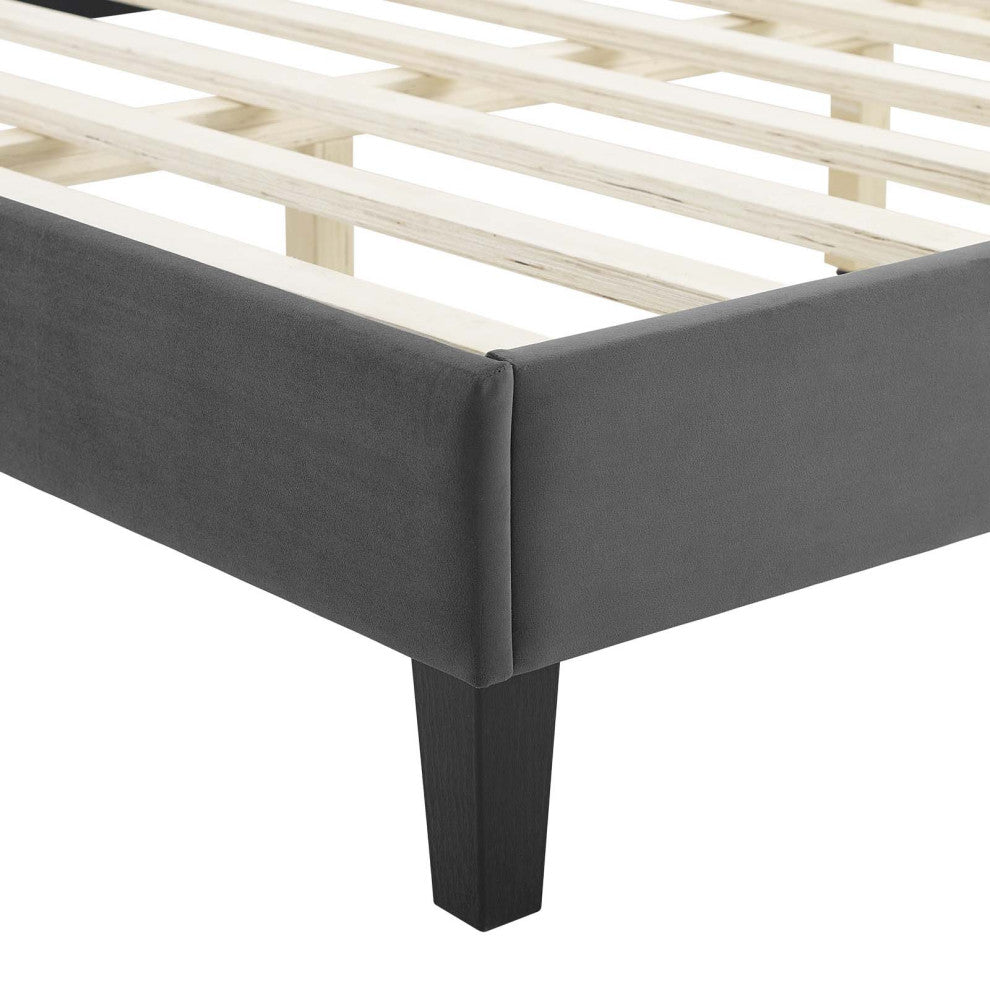Platform Bed Frame, Nailhead, Queen Size, Charcoal Gray, Velvet, Modern