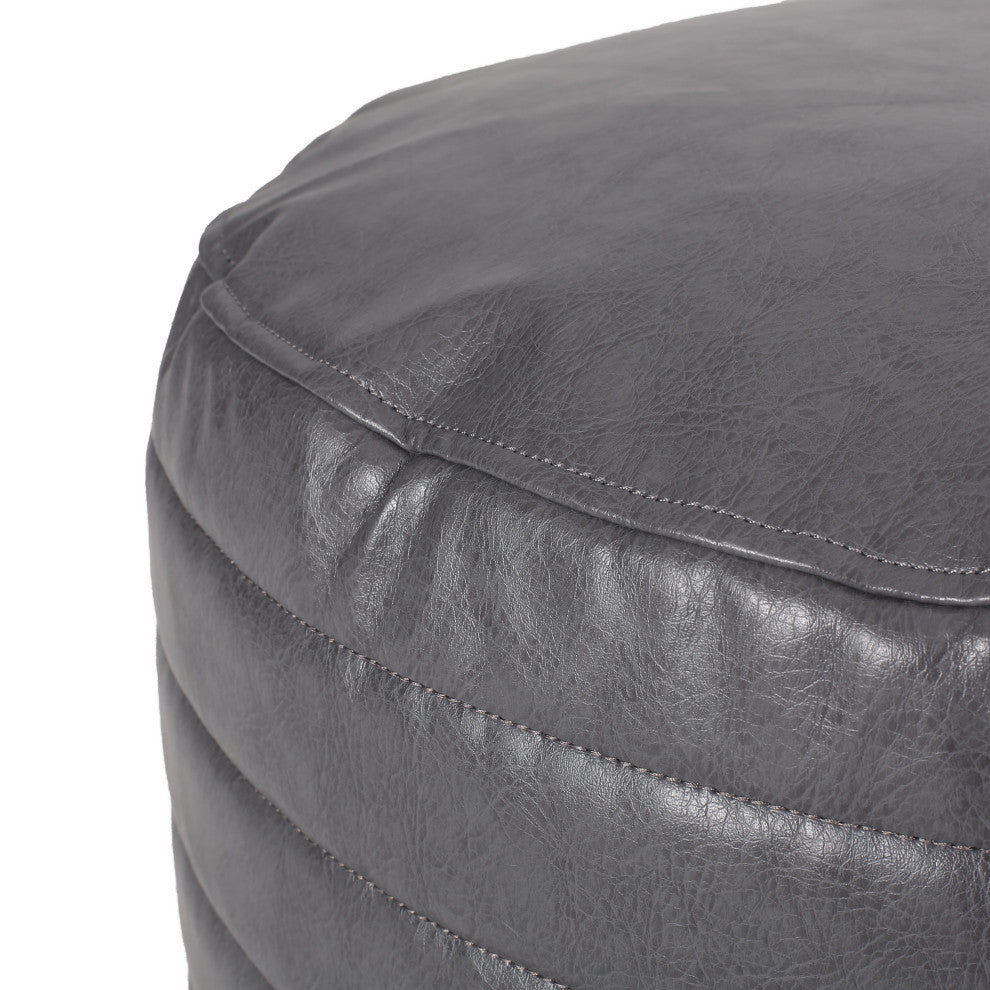 Conrail Contemporary Faux Leather Channel Stitch Pouf, Gray, Cylinder