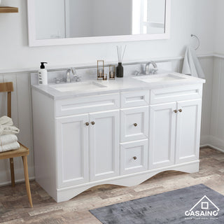 CASAINC 60" Marble Top Double Sink Bathroom Vanity with Mirror, White