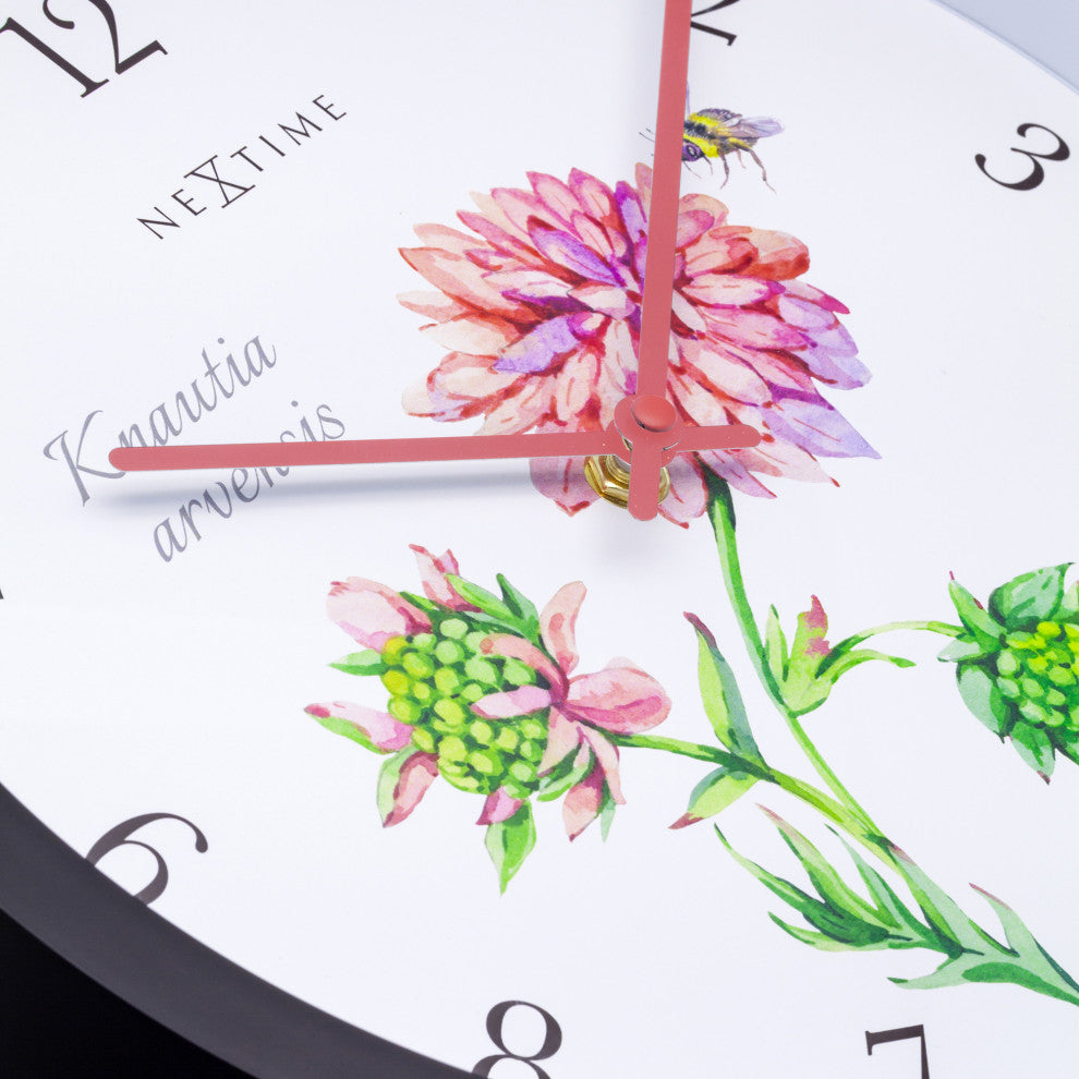 Weatherproof 12- Inch Decorative Garden Wall Clock , Pink Floral "Knautia"