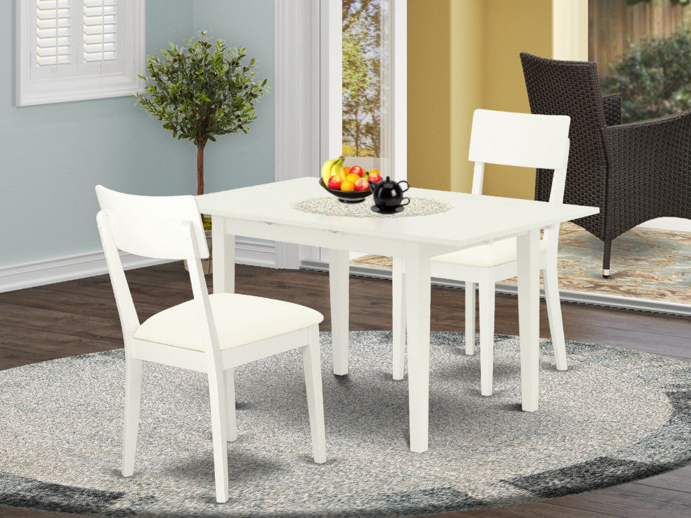 3-PieceDining Set 2 Chairs, Faux Leather Seat, Butterfly Leaf Table, Linen White