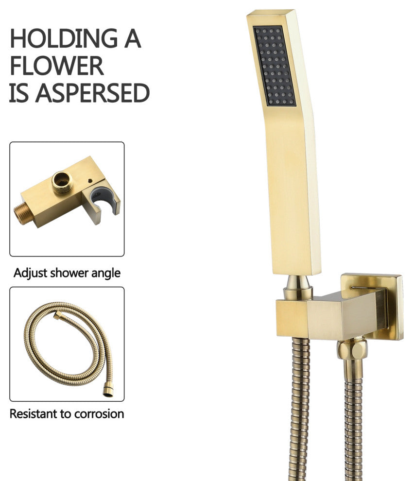 12" Wall Mounted Rainfall Shower System With Tub Spout, Brushed Gold