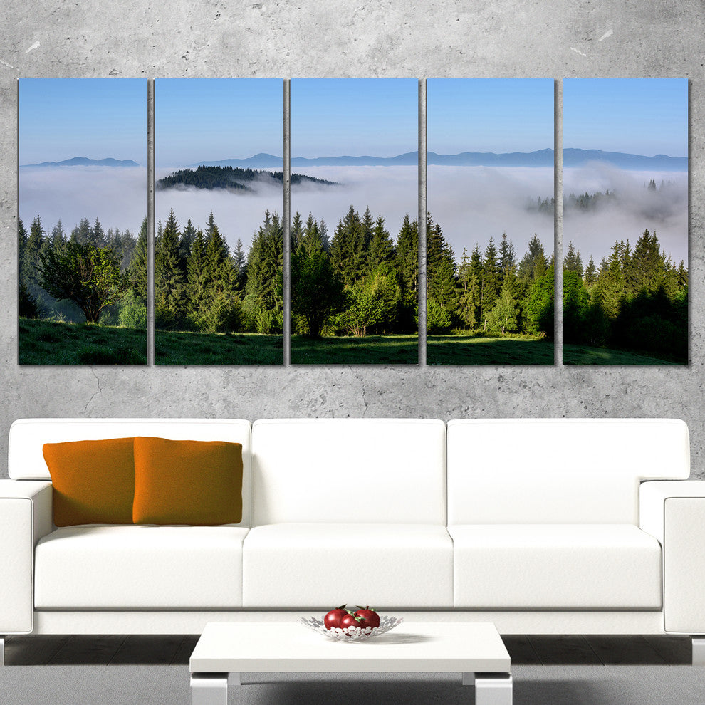 "Green Trees and Fog Over Mountains" Landscape Wall Artwork, 5 Panels