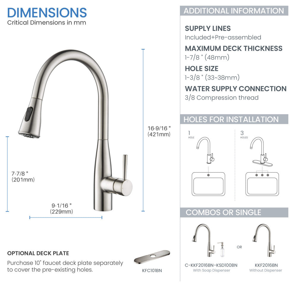 Bari-T Single Handle Pull Down Faucet, Brushed Nickel, With Soap Dispenser