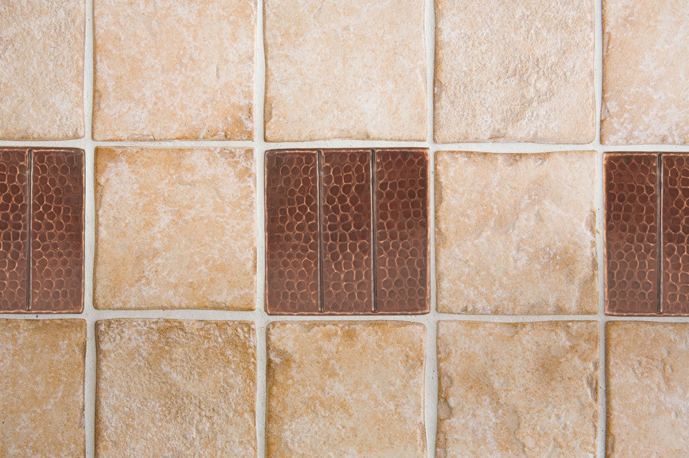 Hammered Copper Tile with Linear Design, 4"x4", Set of 4