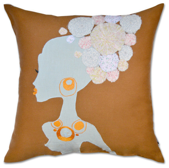 Brown Blue Lady Patchwork Cotton Throw Pillow