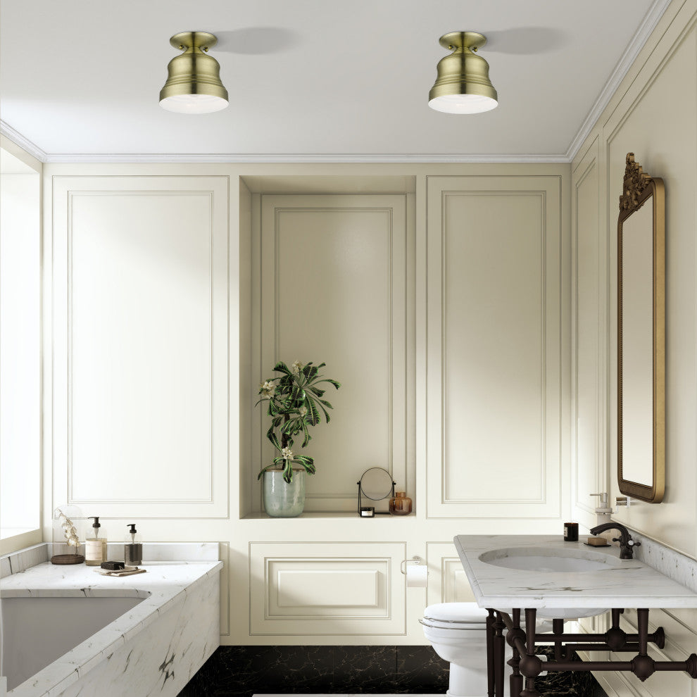 Livex Lighting Endicott 1-Light Bell Petite Bell Semi-Flush, Antique Brass/White