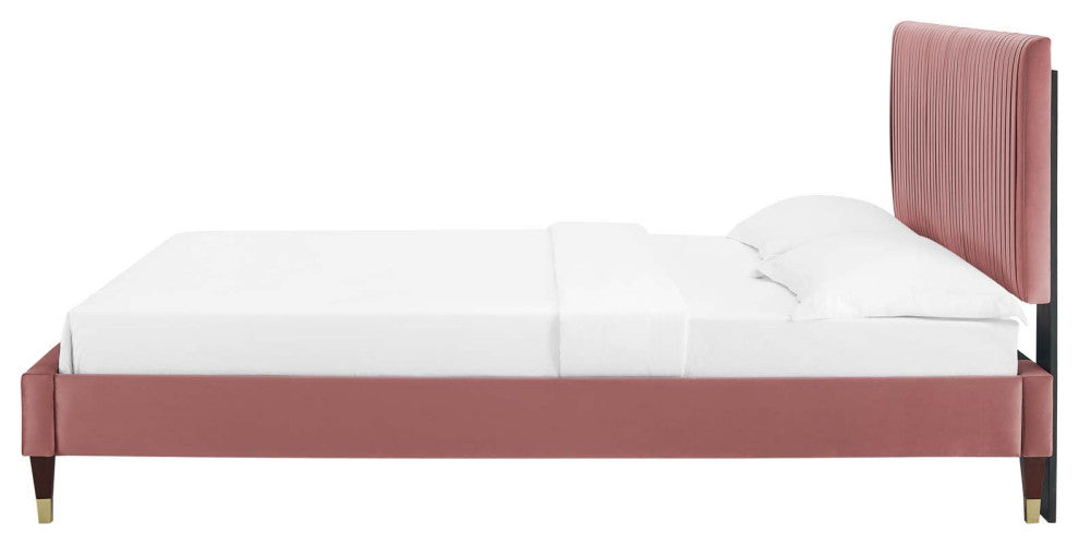 Platform Bed Frame, Queen Size, Velvet, Pink, Modern Contemporary, Bedroom