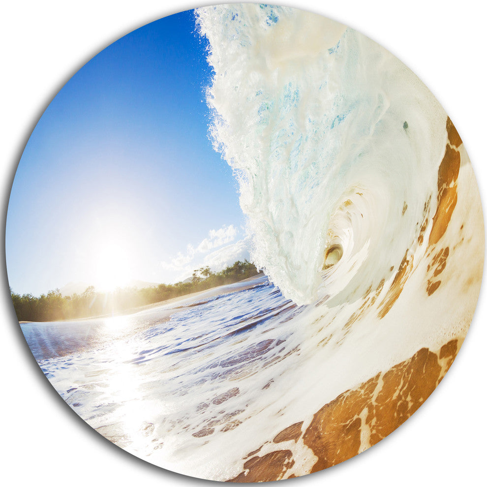 Crashing Sandy Ocean Waves, Modern Beach Disc Metal Artwork, 36"