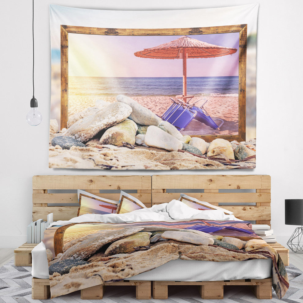 Framed Effect Beach Sunset Seashore Wall Tapestry, 60"x50"