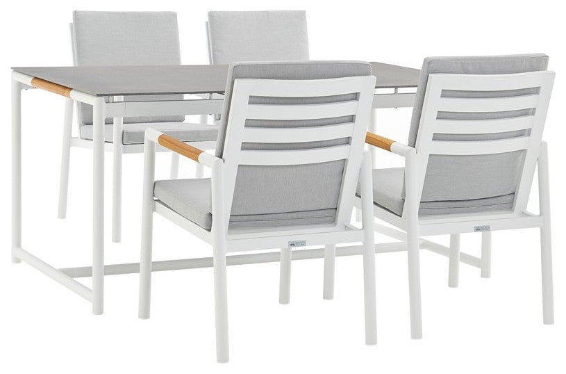 Crown 5-Piece White Aluminum and Teak Outdoor Dining Set With Light Gray Fabric