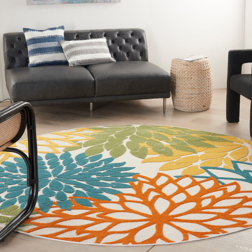 Nourison Aloha 7'10" x Round Turquoise Multicolor Tropical Rug