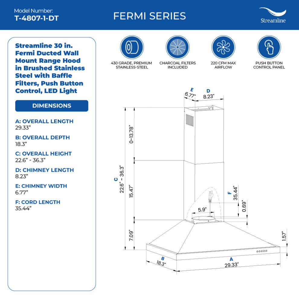 Streamline 30" Fermi Ducted Wall Mount Range Hood, Stainless Steel