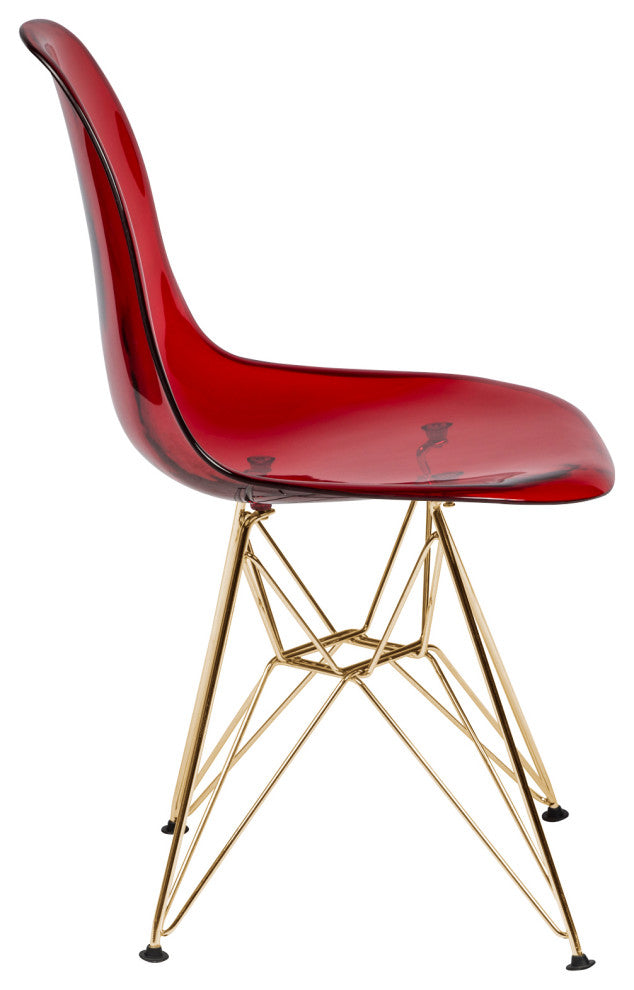 Dining Chair with ABS Plastic Seats Side Chair in Gold Chrome, Transparent Red