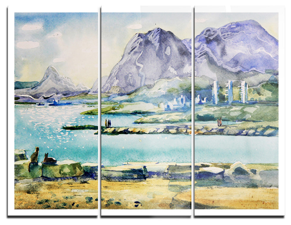 "Watercolor Blue Hills" Glossy Metal Wall Art, 3 Panels, 36"x28"