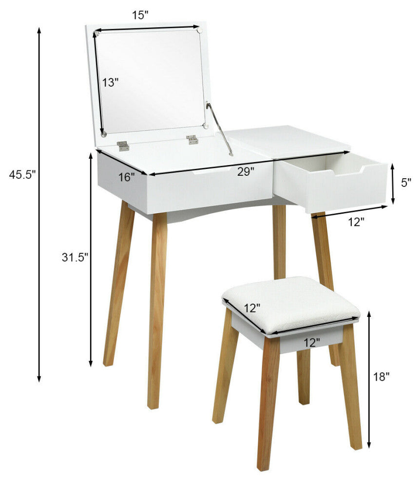 Costway Vanity Makeup Table Cushioned Stool Set W/Mirror &1 Drawer Writing Desk