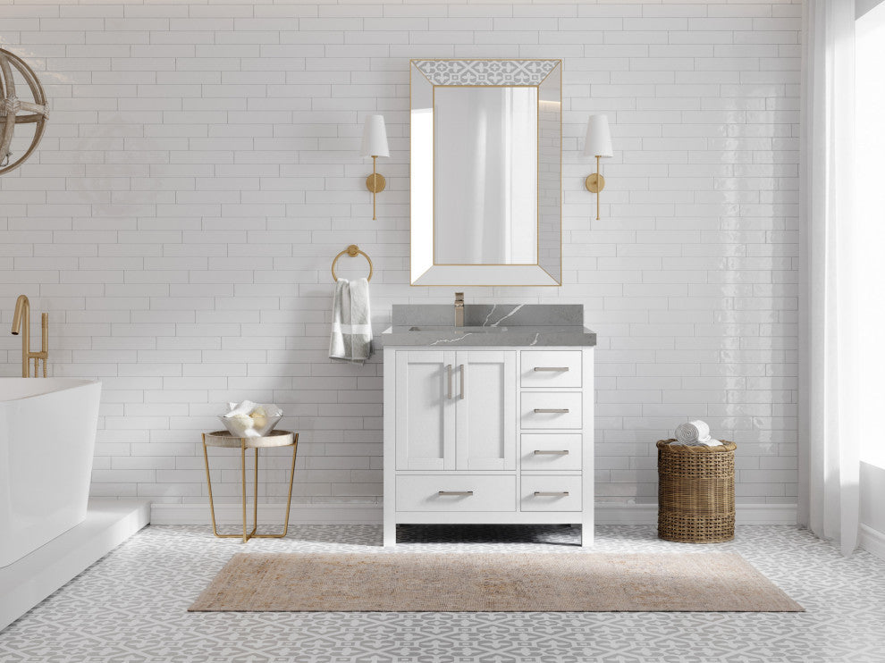 Malibu 36 Left Offset Bath Vanity in White  2" Piatra Gray