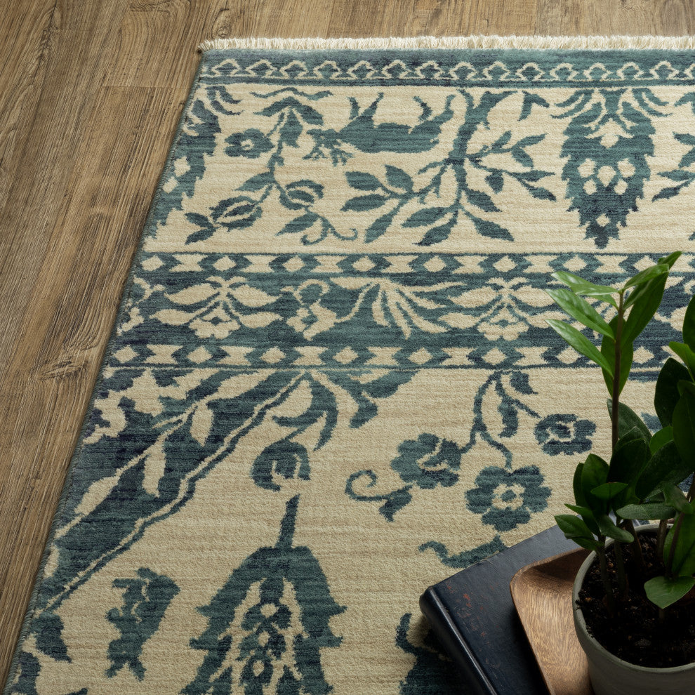 Fabienne Bordered Botanical Indoor Ivory/Blue Area Rug, Ivory, 2'3"x7'6"