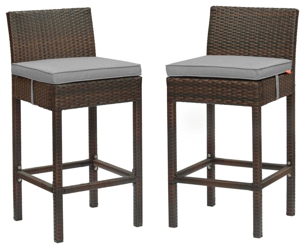 Brown Gray Conduit Bar Stool Outdoor Patio Wicker Rattan Set of 2