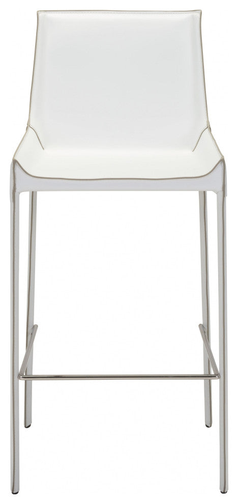 Set of Two White Leather Bar Chairs