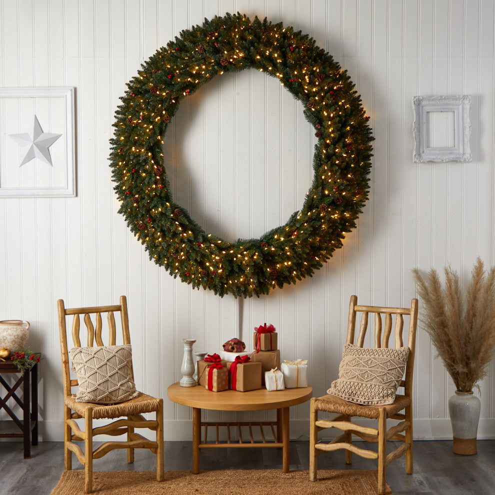 6' Large Flocked Artificial Christmas Wreath With Pinecones Berries 600 LEDs