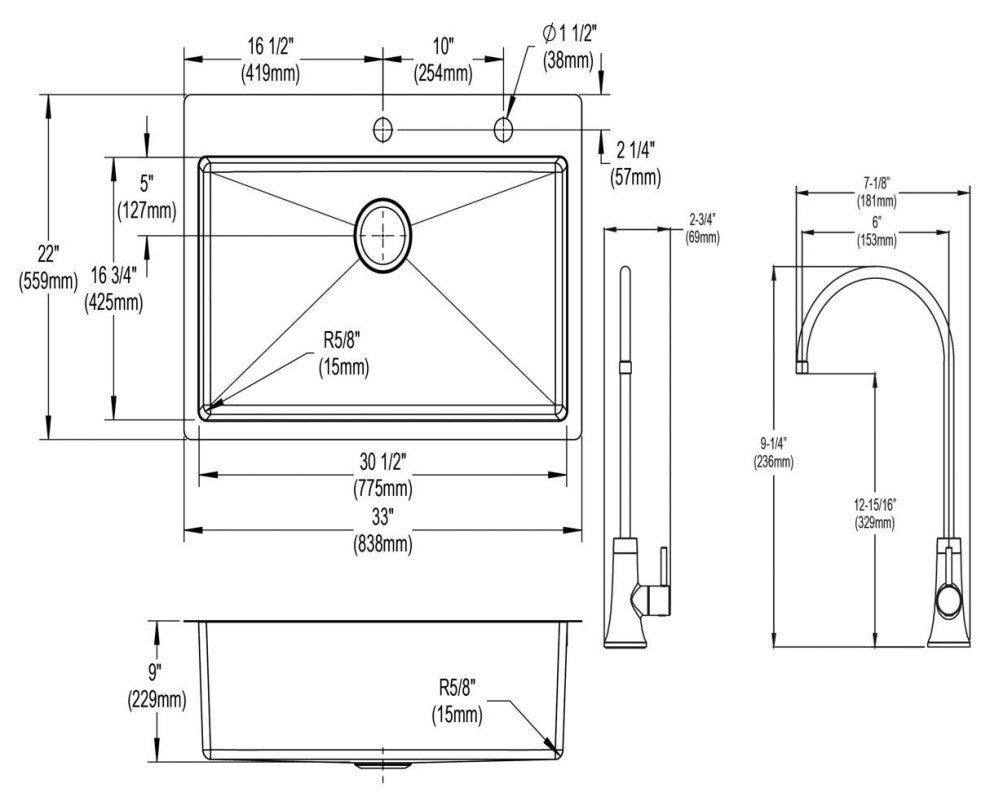 Stainless Steel 33 x 22 x 9 Single Dual Mount Sink Kit, Filtered Beverage Faucet