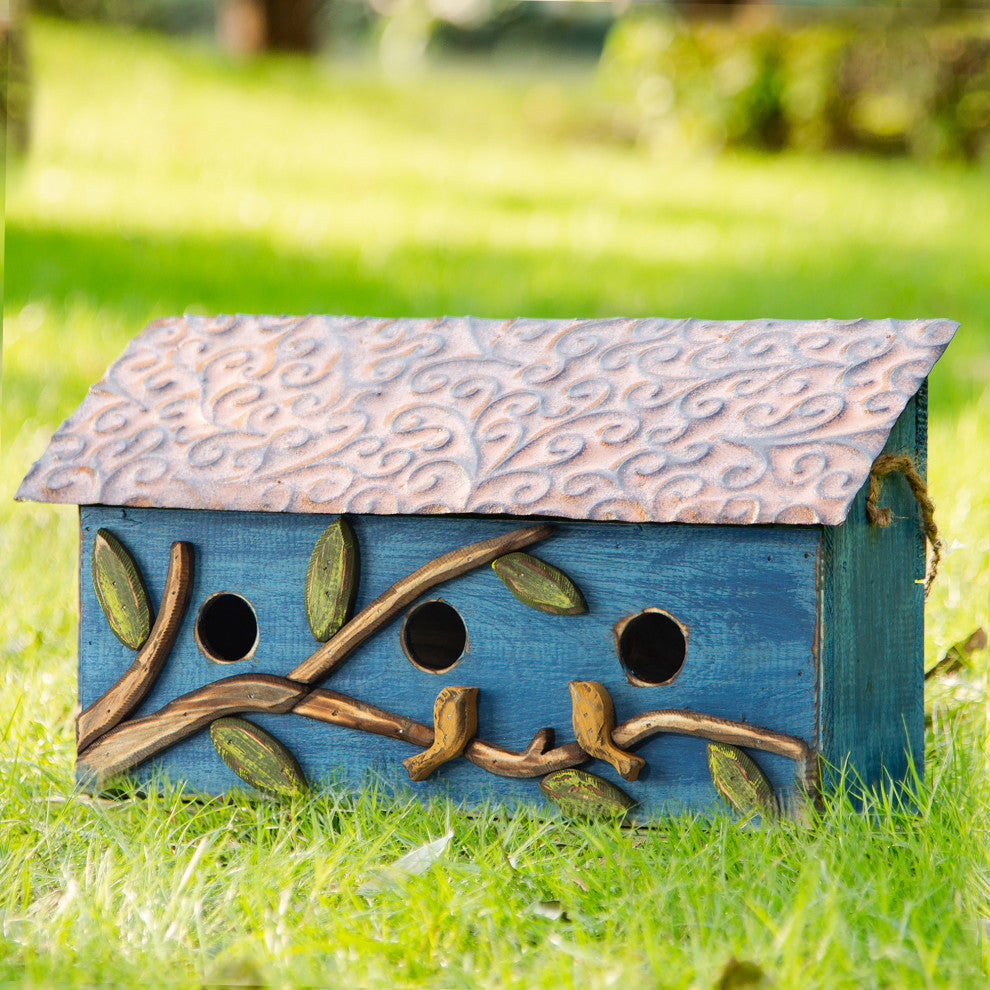 15.75"L Oversized Washed Blue Distressed Solid Wood Cottage Birdhouse