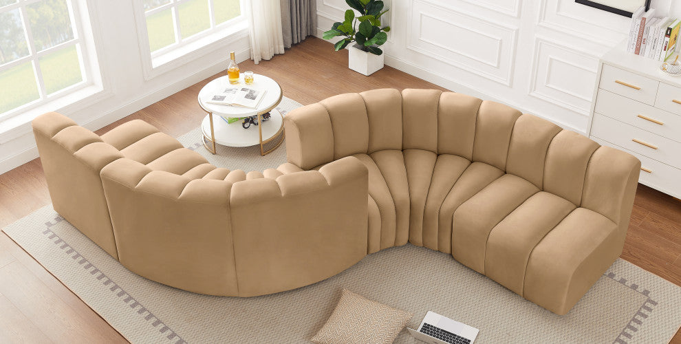 Arc Velvet Upholstered 6-Pc. Facing Modular Sectional, Camel