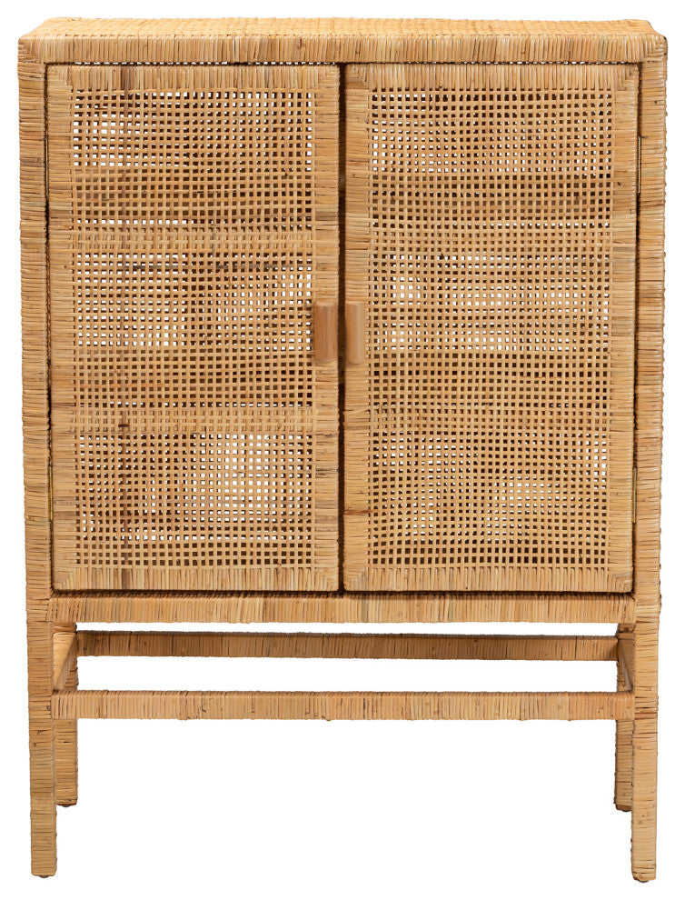 Vivan Bohemian Natural Brown Rattan and Mahogany Wood 3-Shelf Storage Cabinet