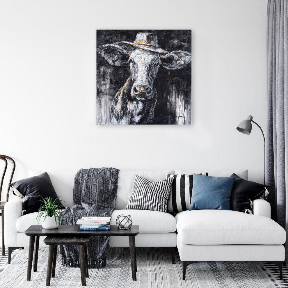 "Cow Wearing a Hat Hand Painted" Canvas Artwork, 40"x40"