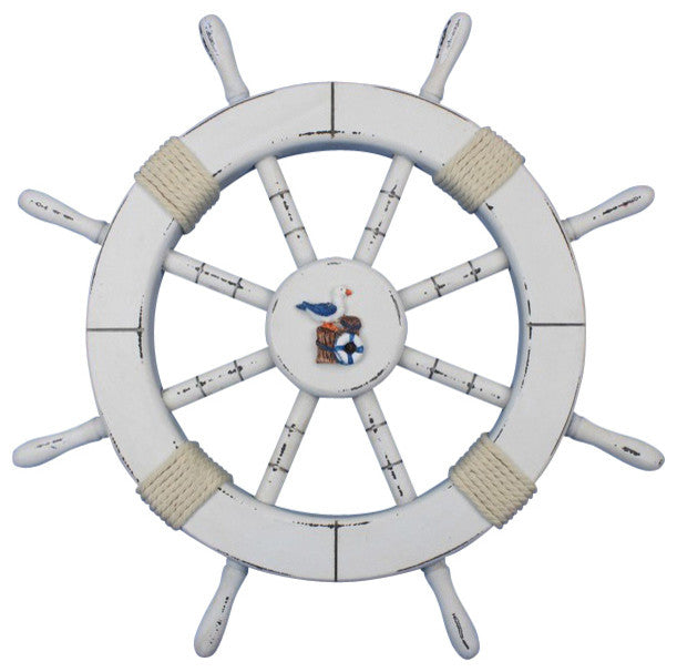 Rustic White Ship Wheel with Seagull and Lifering 18'', Beach Decor
