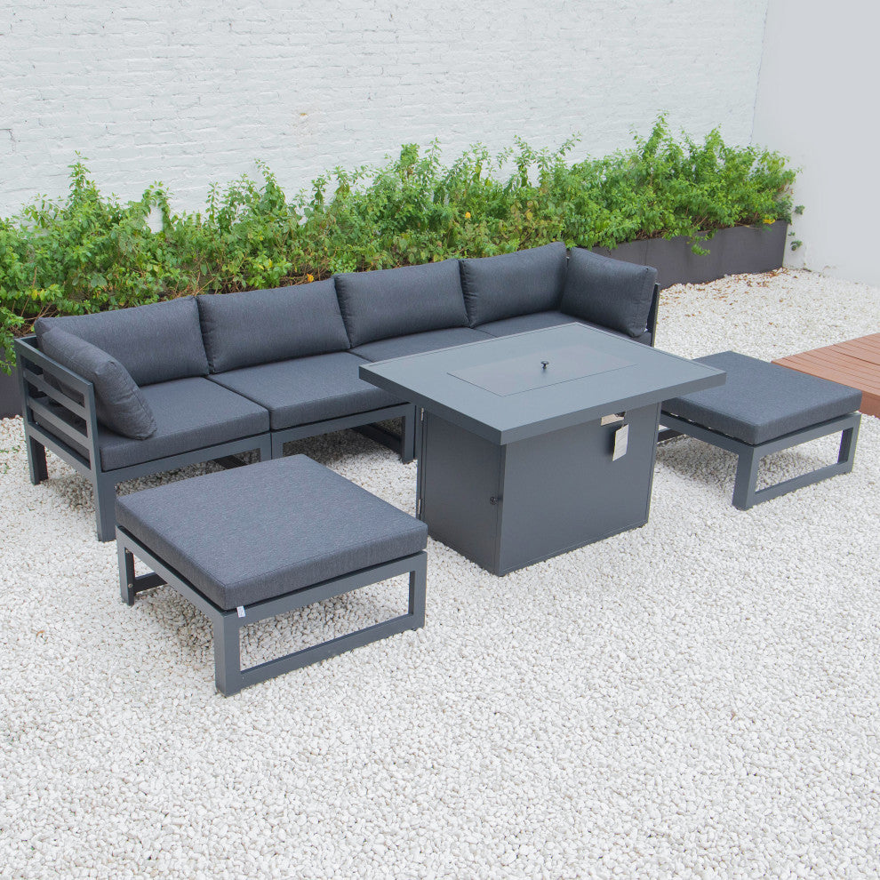 LeisureMod Chelsea 7-Piece Outdoor Sectional With Fire Pit Table, Black