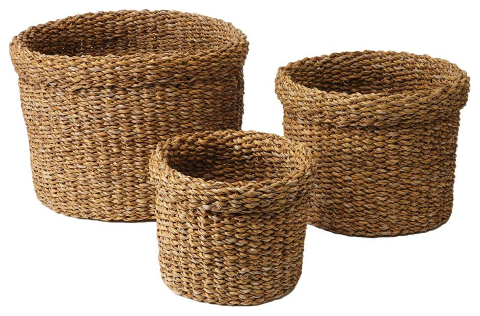 Set of 3 Woven Sea Grass Storage Baskets Round 14 12 10 in Natural Spa Towel