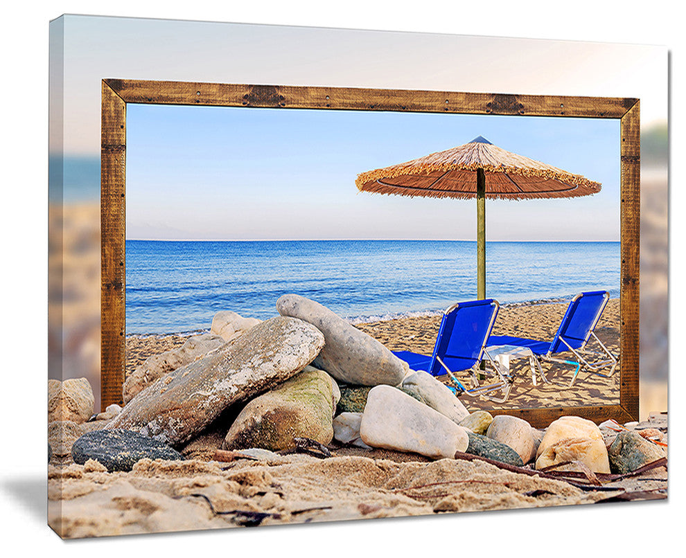 "Framed Beach with Chairs and Umbrella" Seashore Canvas Print, 40"x30"
