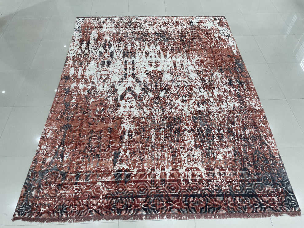 Hand-Knotted Wool Ivory/Red Transitional Modern Modern Rug, 7' X 9'