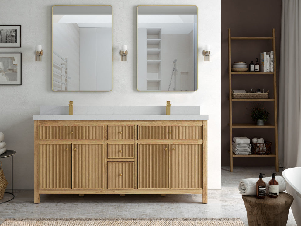 Sonoma 72 Double Sink Bath Vanity in Light Natural Teak with 2" Carrara Quartz