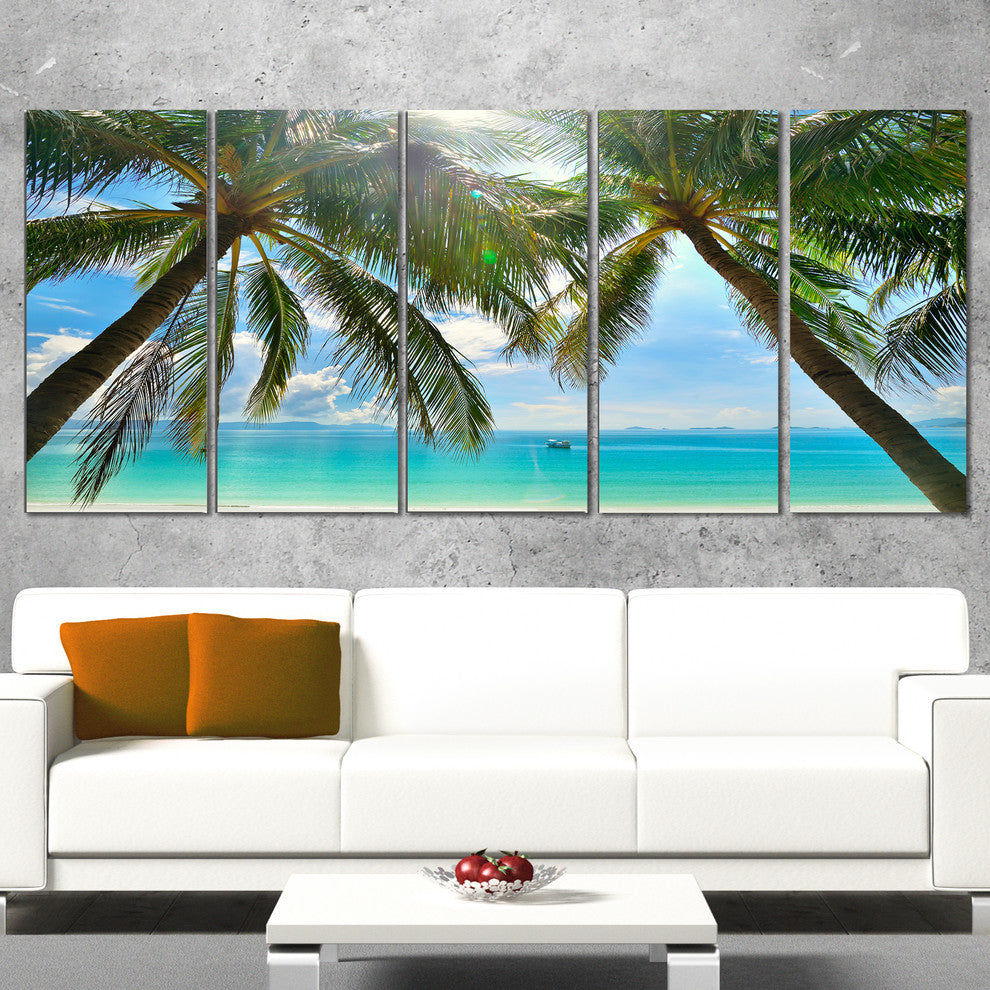 Palm Hanging over Sandy White Beach, Seashore Canvas Print, 60"x28", 5 Panels