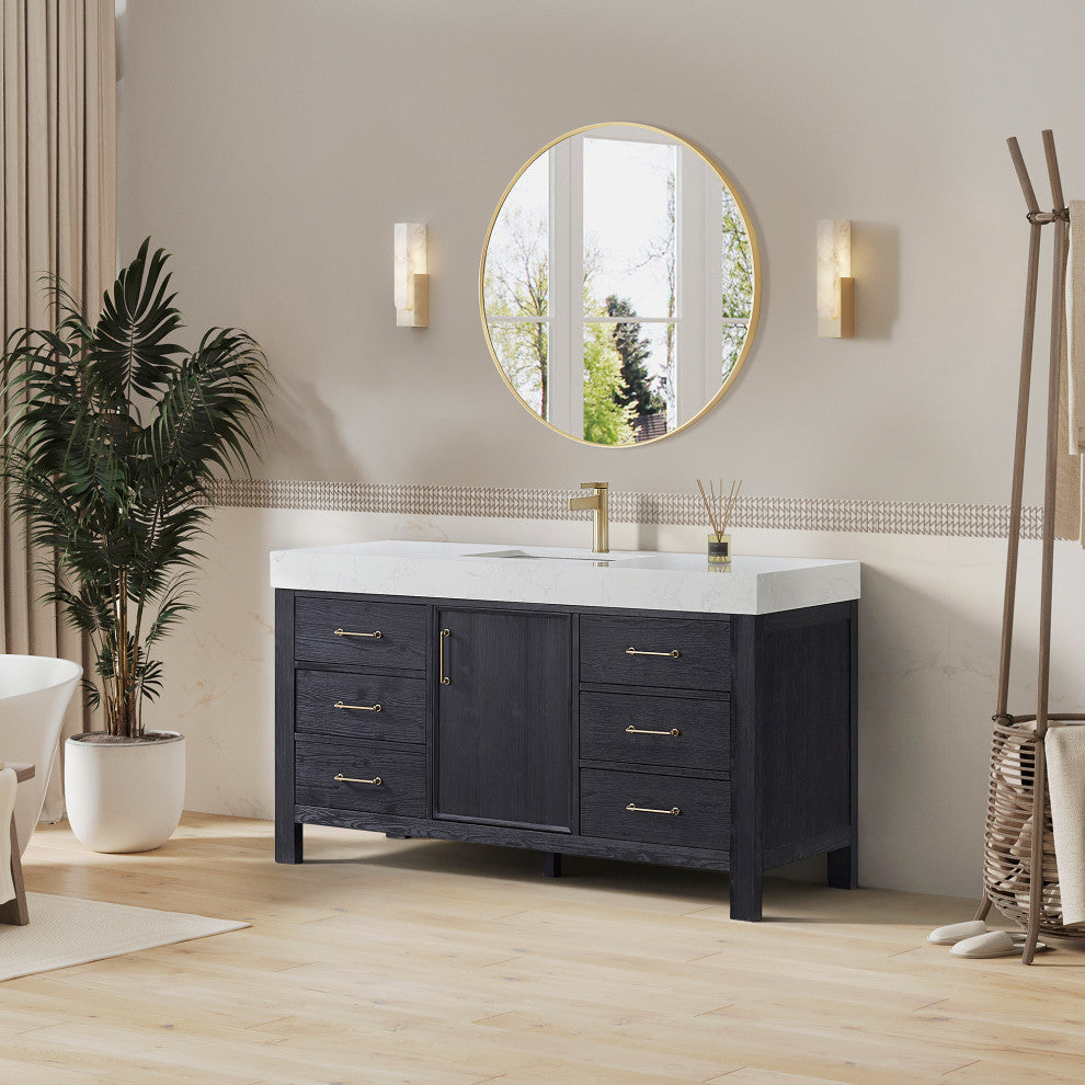 Leon Bath Vanity With Composite Stone Top, Fir Wood Black, 60"single Sink, No Mirror