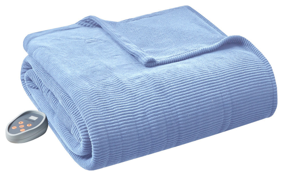 Beautyrest Knitted Micro Fleece Solid Textured Heated Blanket, Blue, Queen