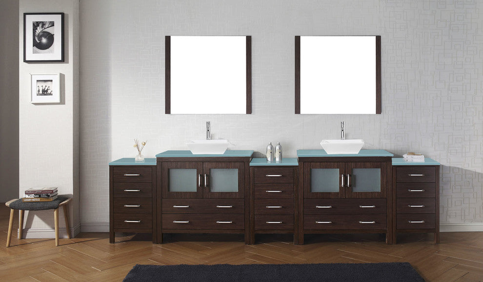 Virtu Dior 126" Double Bathroom Vanity, Espresso, Faucet, Mirrors