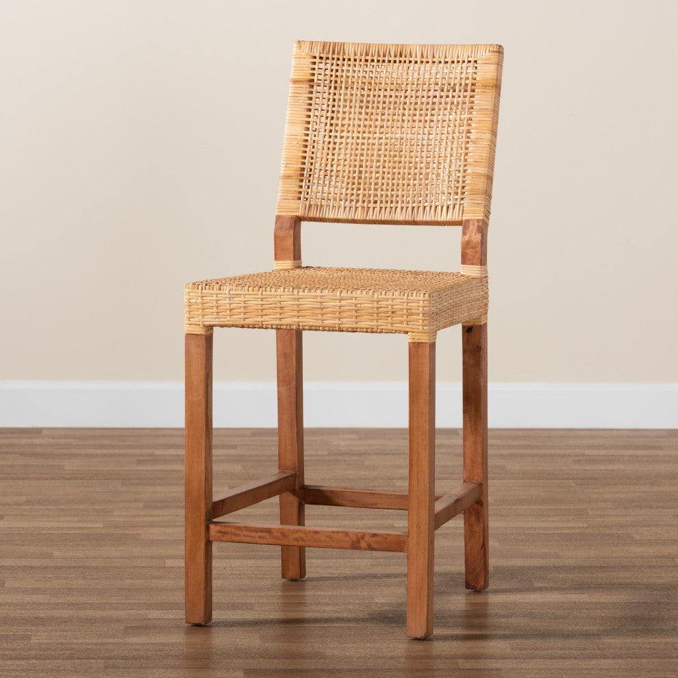 Lesia Bohemian Natural Brown Rattan and Walnut Brown Finished Wood Counter Stool