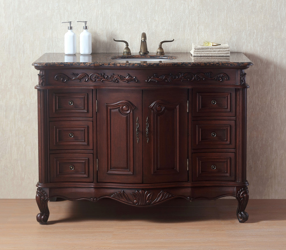Stufurhome Cassandra 48" Single Sink Bathroom Vanity, Baltic Brown Granite Top