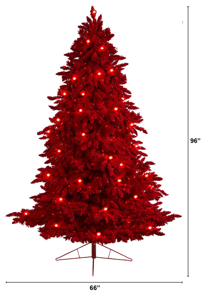 T3511 8' Red Flocked Fraser Fir Artificial Christmas Tree With 700 Red Lights